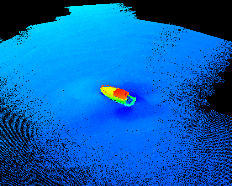 Small underwater wreck shown with multibeam sonar data.