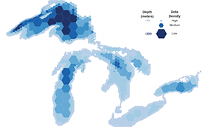 Image showing a Great Lakes lakebed hex map with key.