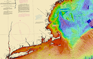 Image showing bathymetry for New England overlayed on a chart.