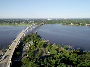 Aerial image of the Route 450 bridge crossing the Severn River.