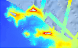 Kingman Reef and Palmyra Atoll are currently charted from WWII vintage data. Coast Survey will begin the process of updating these charts using multibeam sonar data, as seen here.