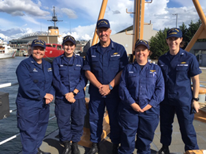 On board the USCGC <em>Henry Blake</em>, Capt. Linda Sturgis, commanding officer, Coast Guard Sector Puget Sound; Lt. j.g. Michelle Levano, officer in charge, NRT-Seattle; Adm. Karl Schultz, 26th Commandant, U.S. Coast Guard; Cmdr. Olivia Hauser, chief, Pacific Hydrographic Branch; Capt. Megan Dean, chief of staff, District 13. 