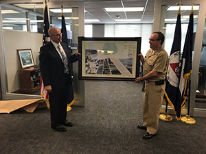 presentation of the 75th anniversary Battle of Midway Chart by Joe Linza to Admiral Smith