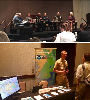 Rear Adml. Smith presents as part of a panel discussion and Lt. Cmdr. Bart Buesseler hosts the Coast Survey booth.