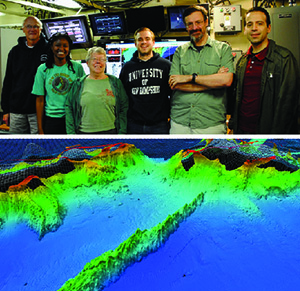  Top image: Andy Armstrong, Tiziana Munene, Joyce Miller, Brandon Maingot, Brian Calder, and Giuseppe Masetti. Bottom image: Detail looking north, of some of the spectacular seafloor structure revealed by the multibeam mapping. Necker Ridge is in the foreground; Necker Island and French Frigate Shoals, wire fame, in the background.