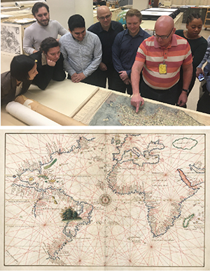 Students in Coast Survey's Marine Cartography Graduate Program view historic map