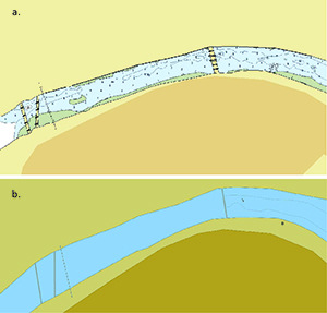 New 1:12,000 scale ENC (a) compared to the existing 1:80,000 ENC (b) of the Haverhill area on the Merrimack River.