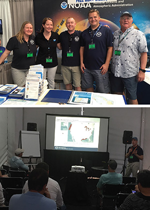 Rachel Medley, Kristen Crossett, Mike Gaeta, Kyle Ward, and Rear Adm. Sam DeBow (NOAA ret.) in the NOAA booth at the Miami Boat Show (top image). D. Neil Weston presents during a seminar at the boat show (bottomm image).