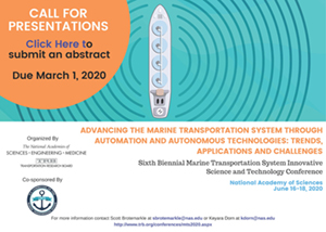 
flier advertising the call for presenters at the marine transportation system innovation science and technology conference