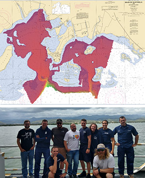 Current survey progress in Bahia de Guayanilla and Bahia de Tallaboa and NOAA Ship Thomas Jefferson survey crew.