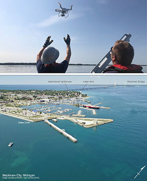 Lt. j.g. Matt Shar and John Doroba launch an unmanned aerial system and an aeriel view of Mackinaw City, Mich.