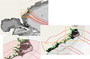An image showing automatically generated mesh based on Hurricane Florence's track in 2018 using OCSMesh.