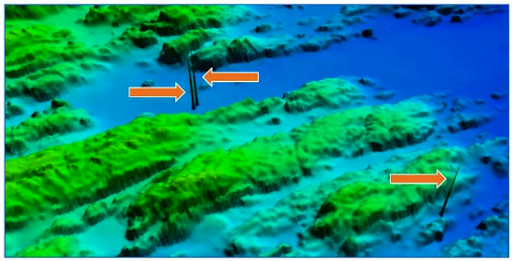 A graphic of a bathymetric grid in 3D, showing anomalous grid depths, also known as fliers. Automation to flag the potentially anomalous nodes helps aid in their detection.