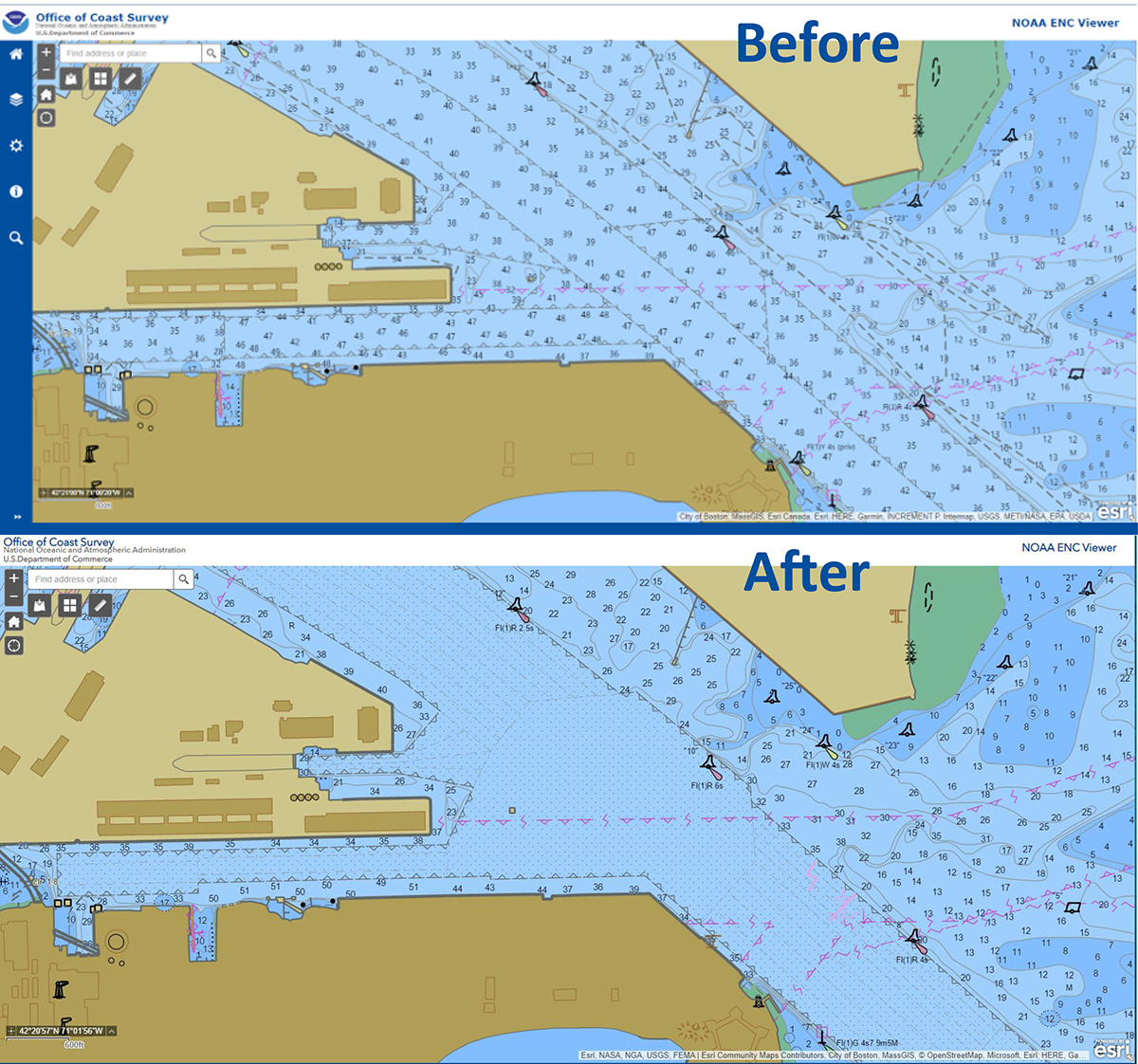 An image of two ENC's, both showing areas around Boston's Reserved Channel. The top image shows the channel with open hydrography and the bottom image shows dredged areas divided into reaches and quarters with associated controlling depths.