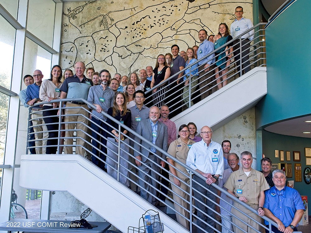 A group image showing participants, along with several Coast Survey personnel, at the Center for Ocean Mapping and Innovative Technologies annual review, held at the University of South Florida's College of Marine Science.