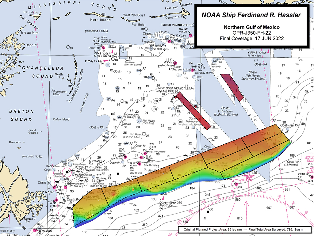 A graphic showing a chart of the Gulf of Mexico, southeast of the Lousiana coast, with colored survey area representing the 2022 survey results from NOAA Ship Ferdinand R. Hassler.