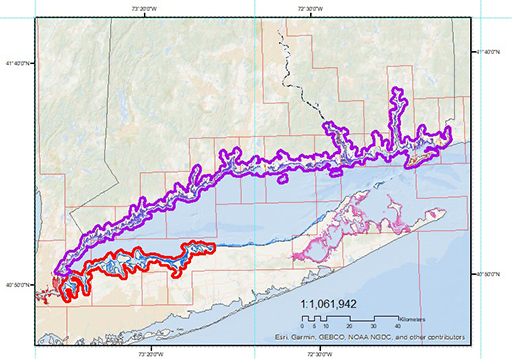 A graphic showing a map indicating areas of desired topobathy lidar acquisition along the shoreline of Long Island Sound.