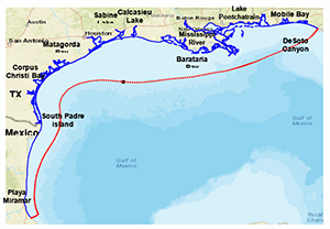 A map showing the northern Gulf of Mexico. Blue and red lines combine to delineate the Northern Gulf of Mexico Operational Forecast System model grid boundary. The red line represents the model's open ocean boundary.