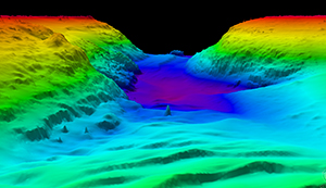A graphic showing a colorful digital terrain model of the entrance to San Francisco Bay, California.