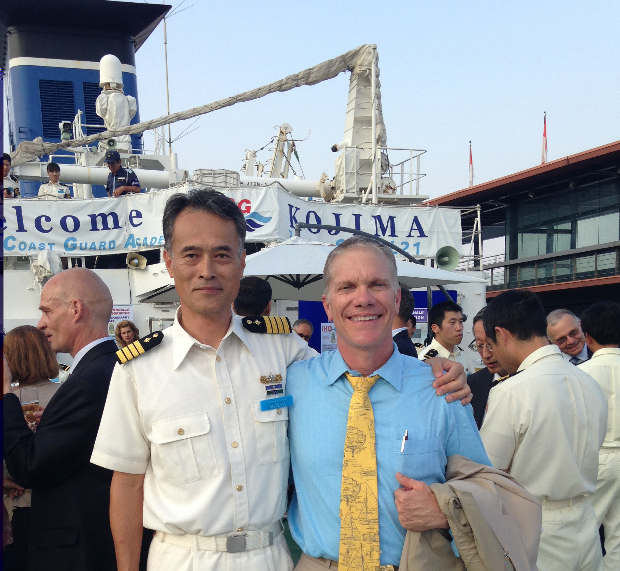 Coast Survey’s Tom Loeper and Captain Tetsushi Mitsuya, commanding officer of the training ship Kojima of Japan Coast Guard, attend the IHO event onboard the Kojima.