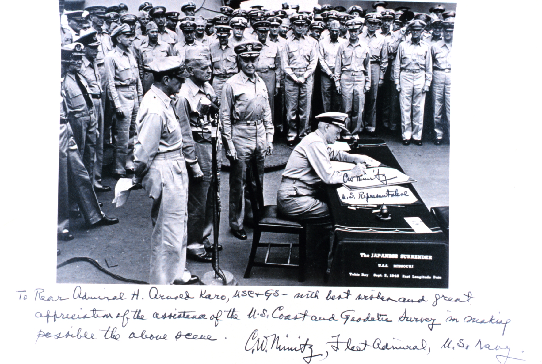 Adm. Nimitz inscribes photo, expresses appreciation for USC&GS contributions.