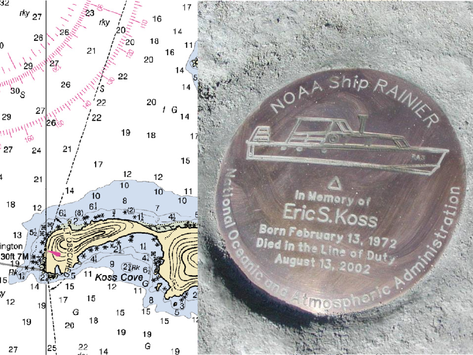 Koss Cove in Resurrection Bay as seen on chart 16702. Commemorative survey marker honoring Eric Koss (right).