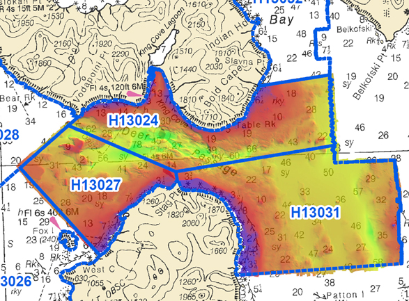 The total area surveyed by Rainier in the Cold Bay and King Cove Vicinity during the 2017 Field Season, complied by Hydrographic Senior Survey Technician Gahlinger.