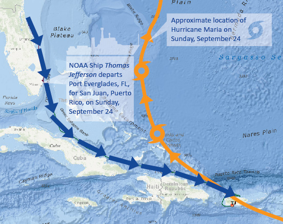 Route taken by NOAA Ship Thomas Jefferson to Puerto Rico. To avoid weather and rough seas from Hurricane Maria, Thomas Jefferson traveled along the leeward side of the Bahama Escarpment.