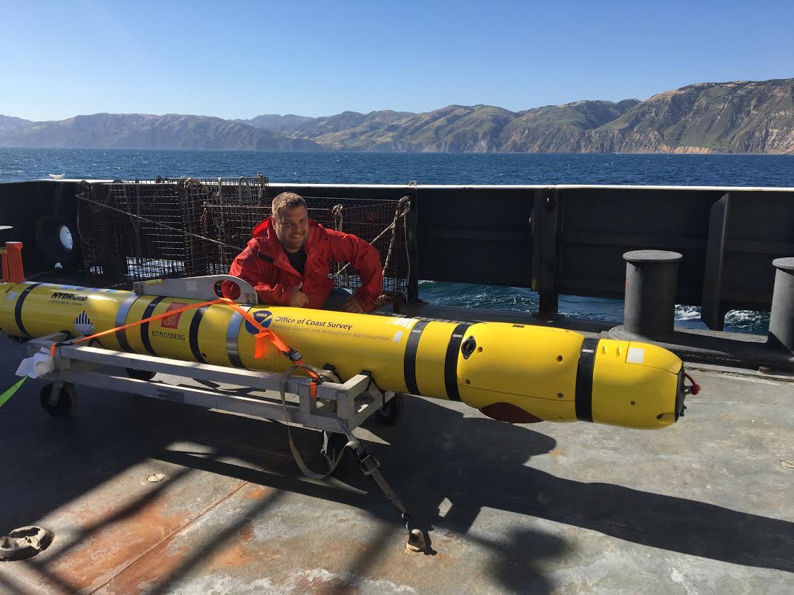 John aboard the NOAA Ship Bell M. Shimada as they perform autonomous underwater vehicle operations near Channel Islands National Marine Sanctuary.