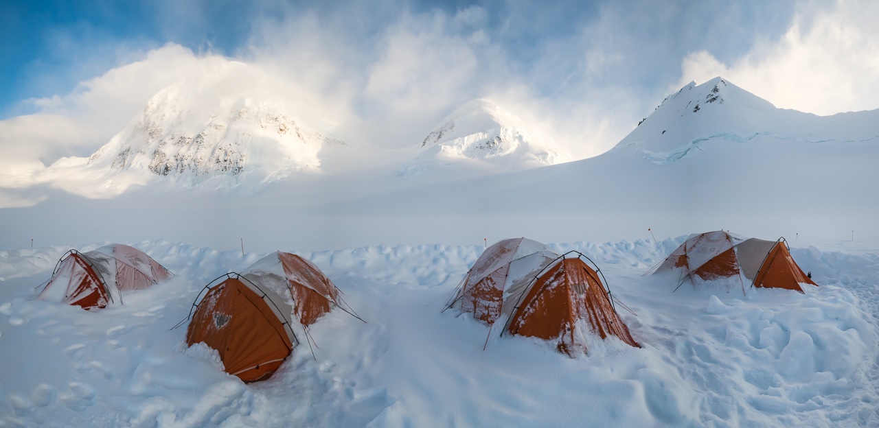 The high camp, at an elevation of 10,400 feet on the Grand Plateau Glacier.