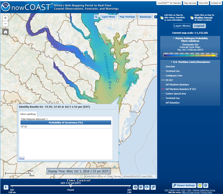 Depiction of NOS Vv probability of occurrence forecast guidance for Chesapeake Bay on nowCOAST map viewer.