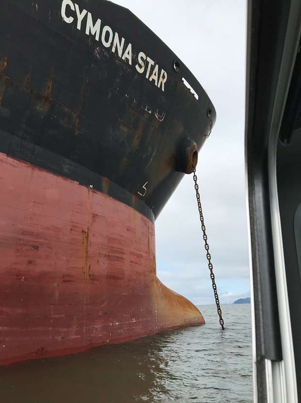 Bulk container ship anchored outside Astoria, OR on the Columbia River.