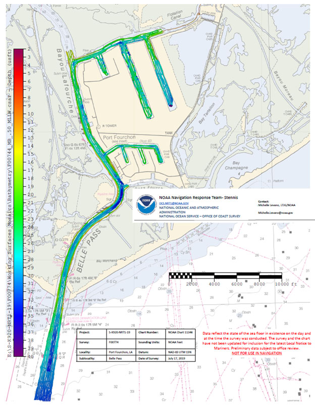 Overview of the multibeam data collected in Port Fourchon by NRT-Stennis from July 15 - July 18, 2019.