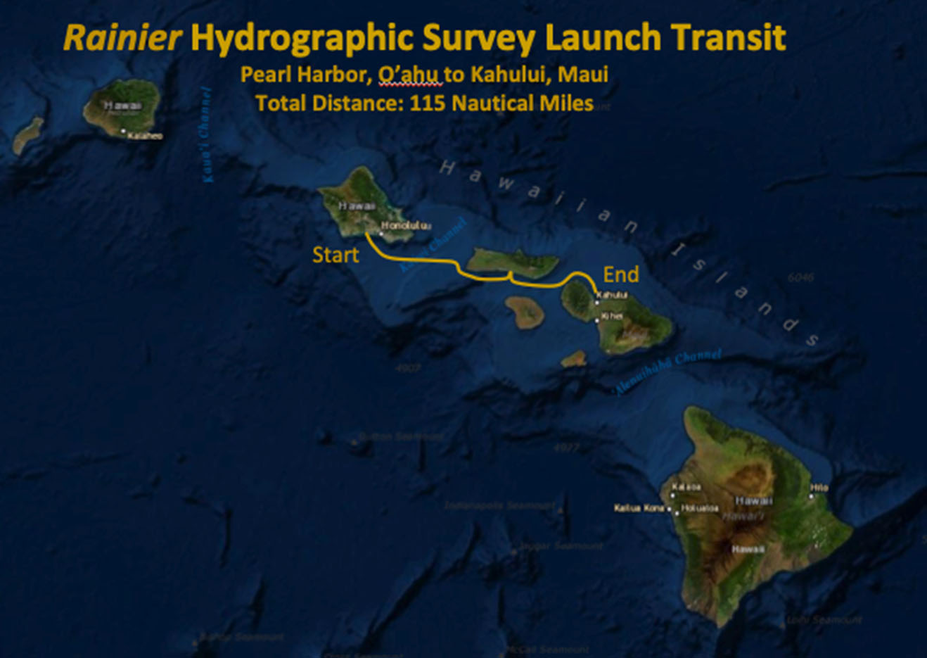 Map of the survey launches route from Pearl Harbor, O’ahu to Kahului, Maui.