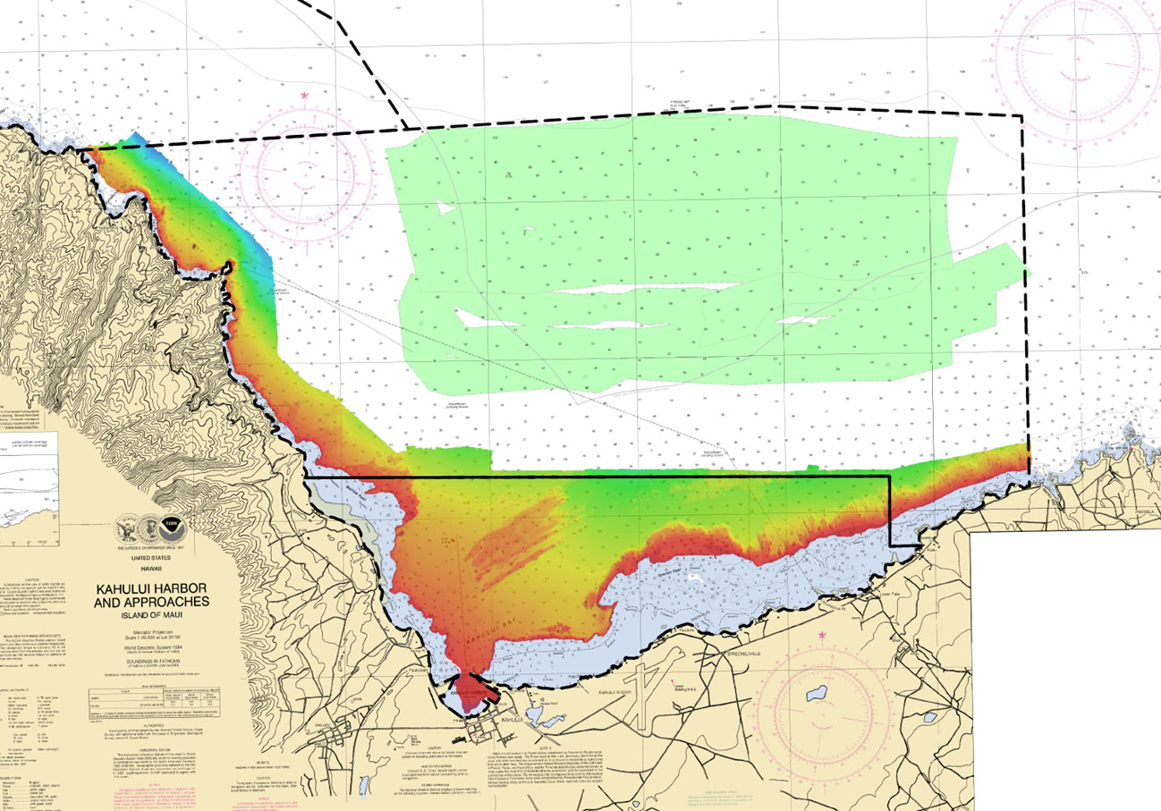 The green area was surveyed using wire drag. The colorful portion is preliminary multibeam data from the 2019 survey up to the navigation limit, which is 10m.