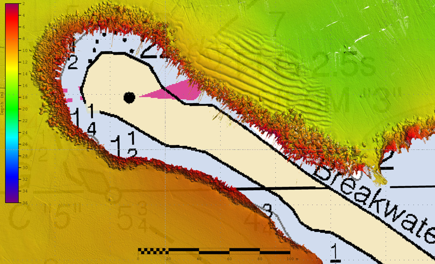 Preliminary imagery of multibeam data overlaid on an existing nautical chart. This is the breakwater at the mouth of the Kahului Harbor with the difference between sand and rocks of the structure clearly delineated.