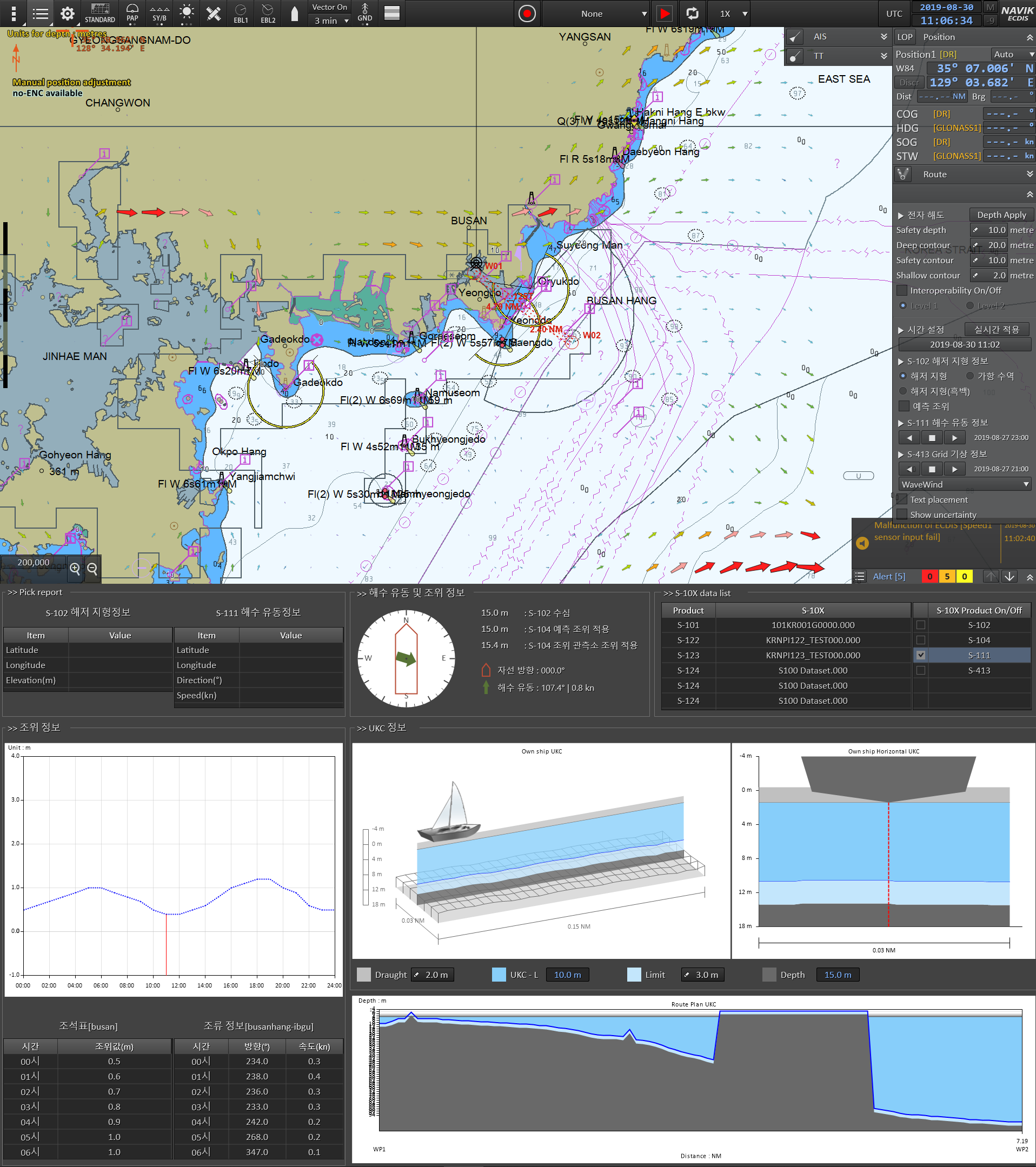 Screen shot showing S-111 Surface Current Data without harmonized portrayal with the underlying ENC. Note that the currents display on top of the land area.