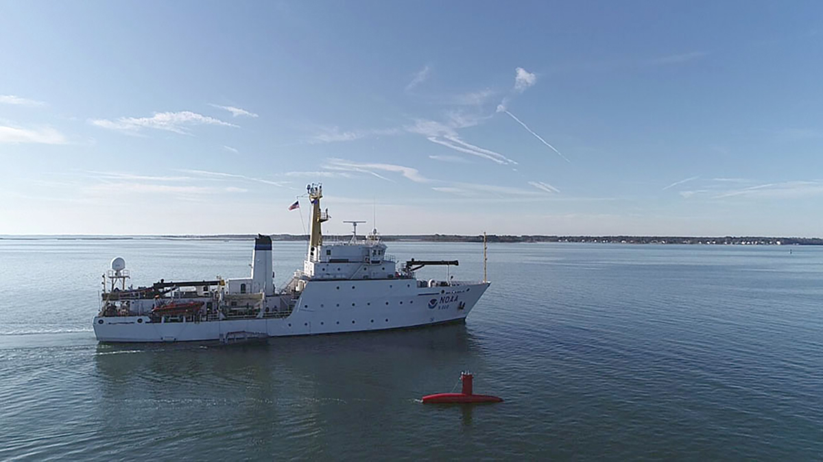 Drone photo of the DriX underway from the ship with the DDS still in the water.