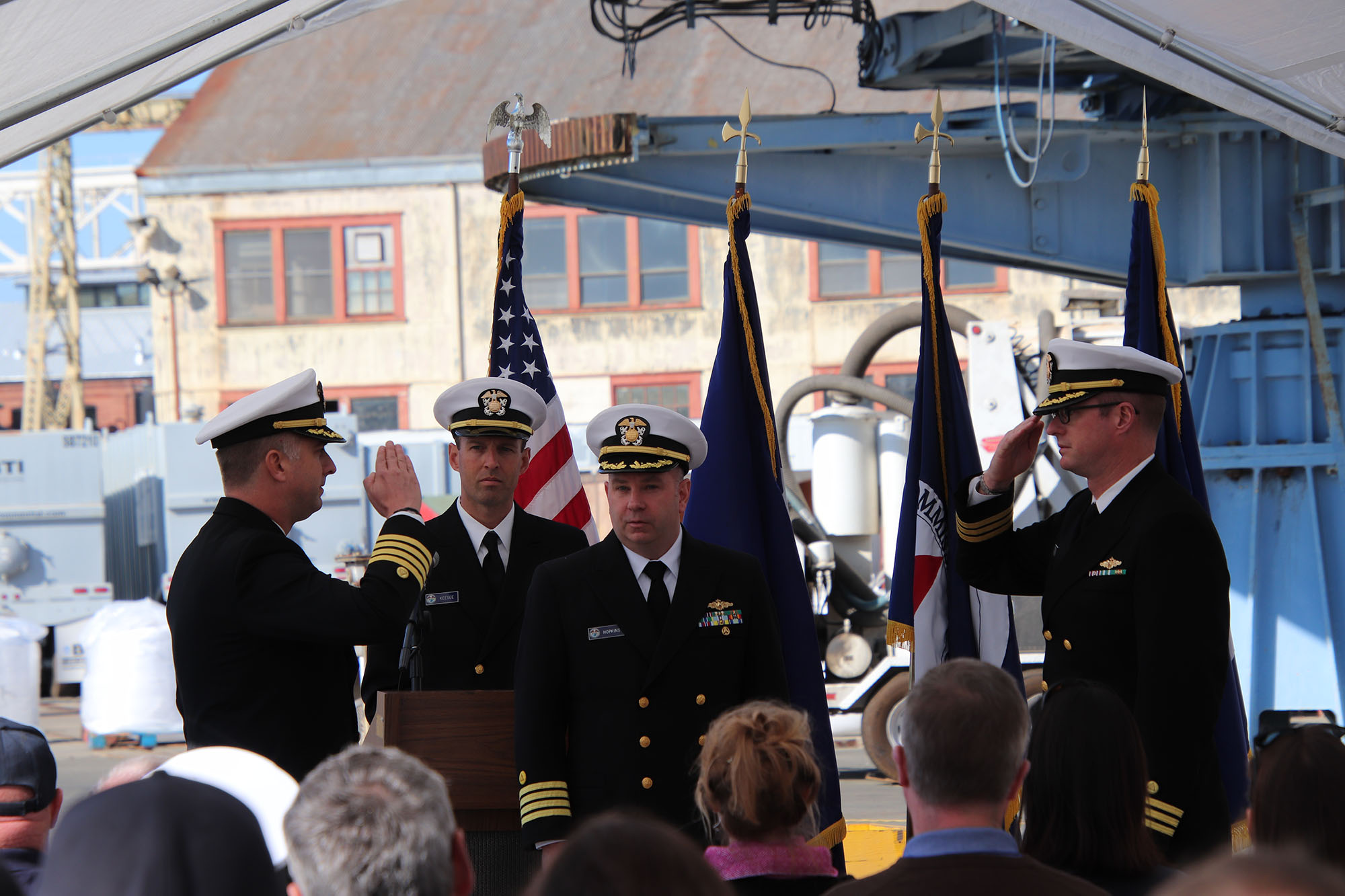 Lt. Cmdr. Justin Keesee, NOAA Ship Rainier executive officer and Capt. Michael Hopkins lead the change of command in Valejo, California.