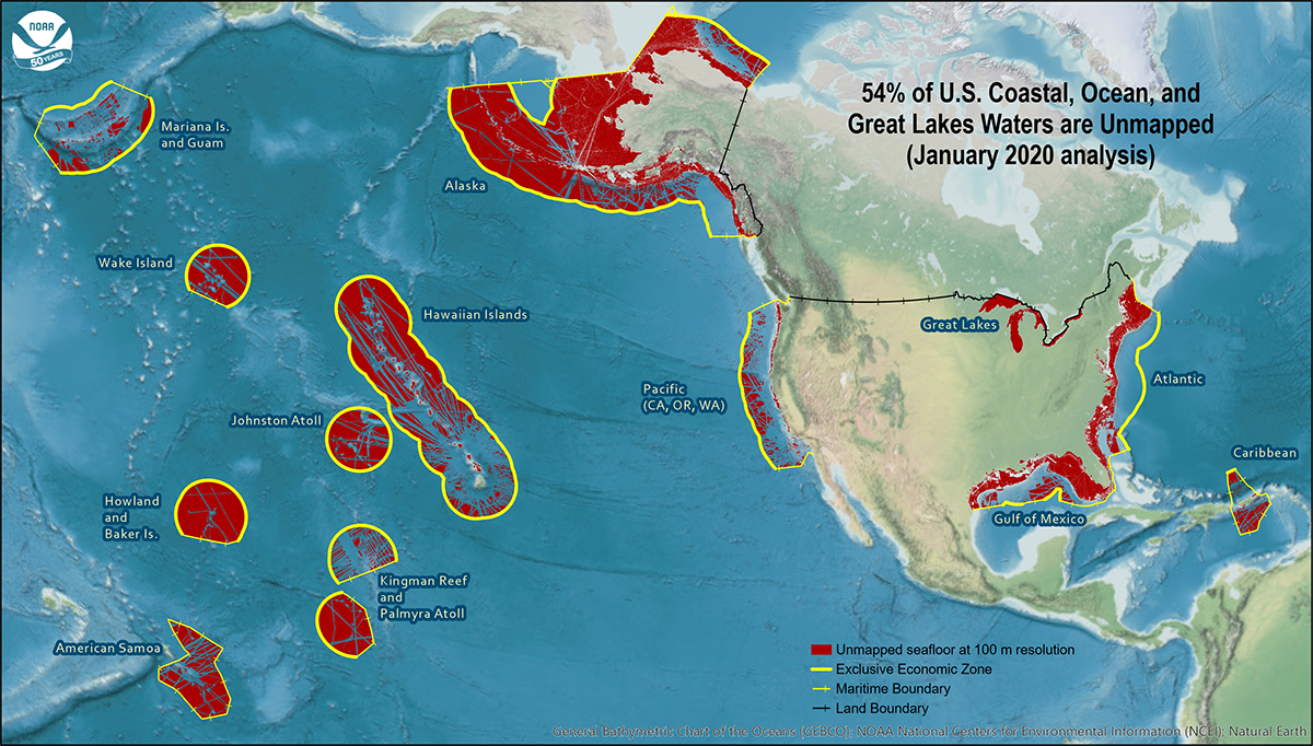 Map showing the geographic distribution and extent of the unmapped areas within U.S. waters. Analysis conducted in January 2020.