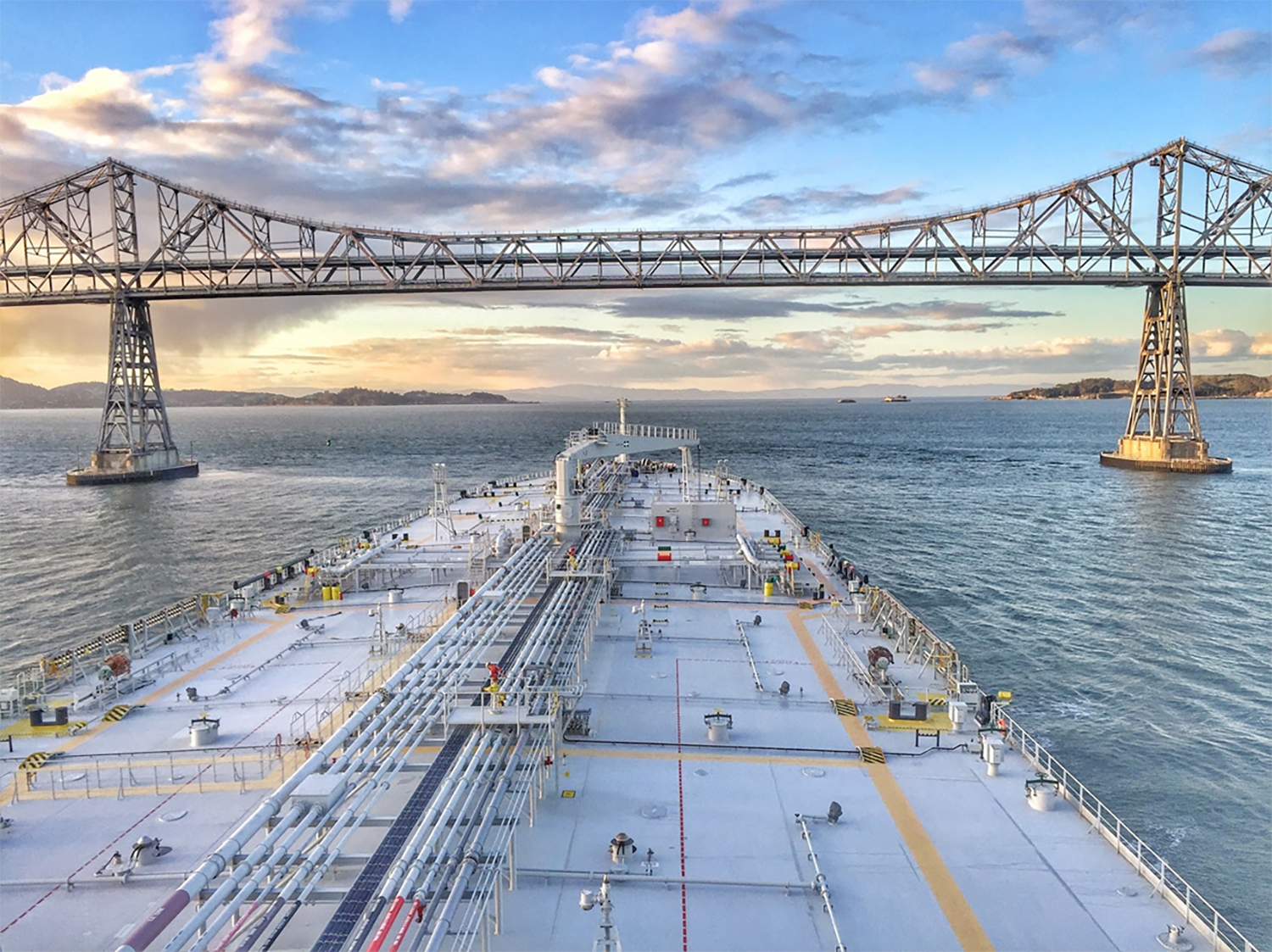 Tanker heading west and approaching the Richmond–San Rafael Bridge and Pinole Shoal Channel.