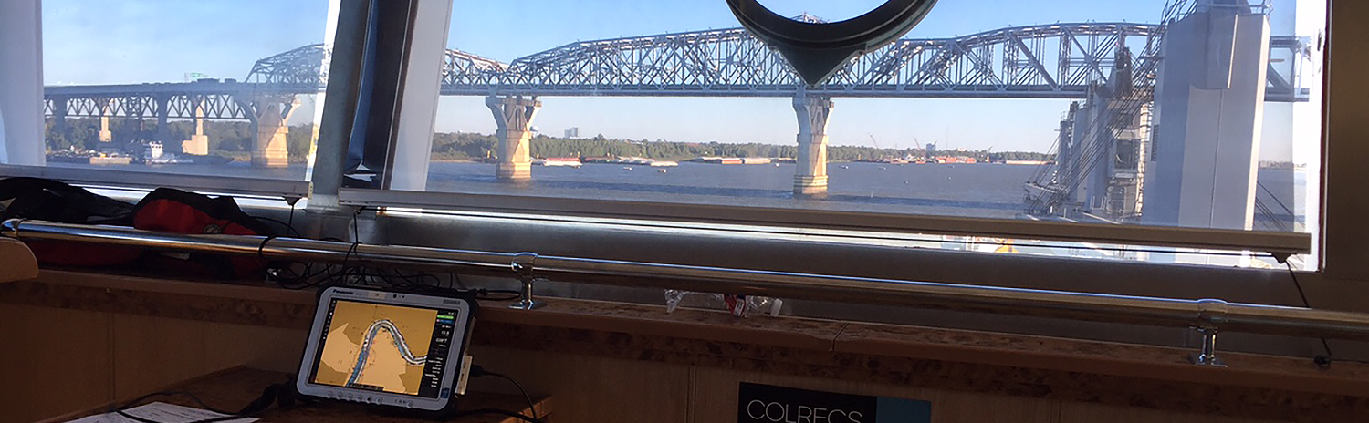NOAA ENC visible on a portable tablet on the bridge of a ship while navigating on the Mississippi River.