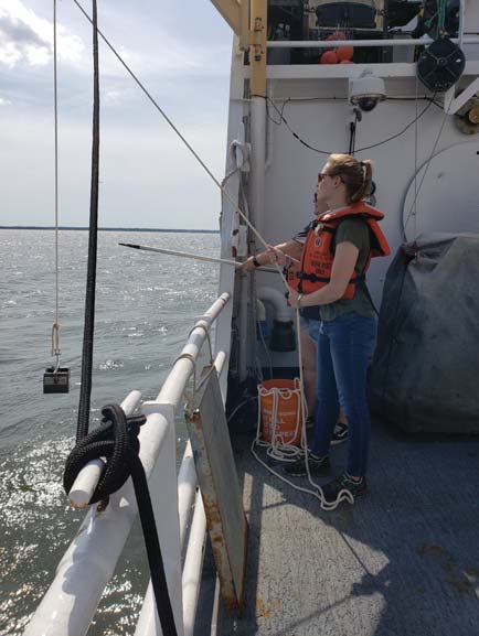 Using a boat hook to grab the rope that was pulling the sampler with our sample back onto the ship. For each survey section, there are several locations where bottom samples are collected.