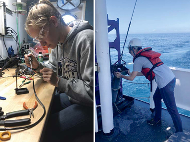 Soldering the towfish cable (left) and holding the towfish steady as the MVP operator winches in the cable so it can be moved over the edge of the vessel and into the water (right). Once it’s in the water at the appropriate distance we can change over the control from the manual winch to the survey room, allowing us to remotely send out the MVP for a cast while the vessel is underway.