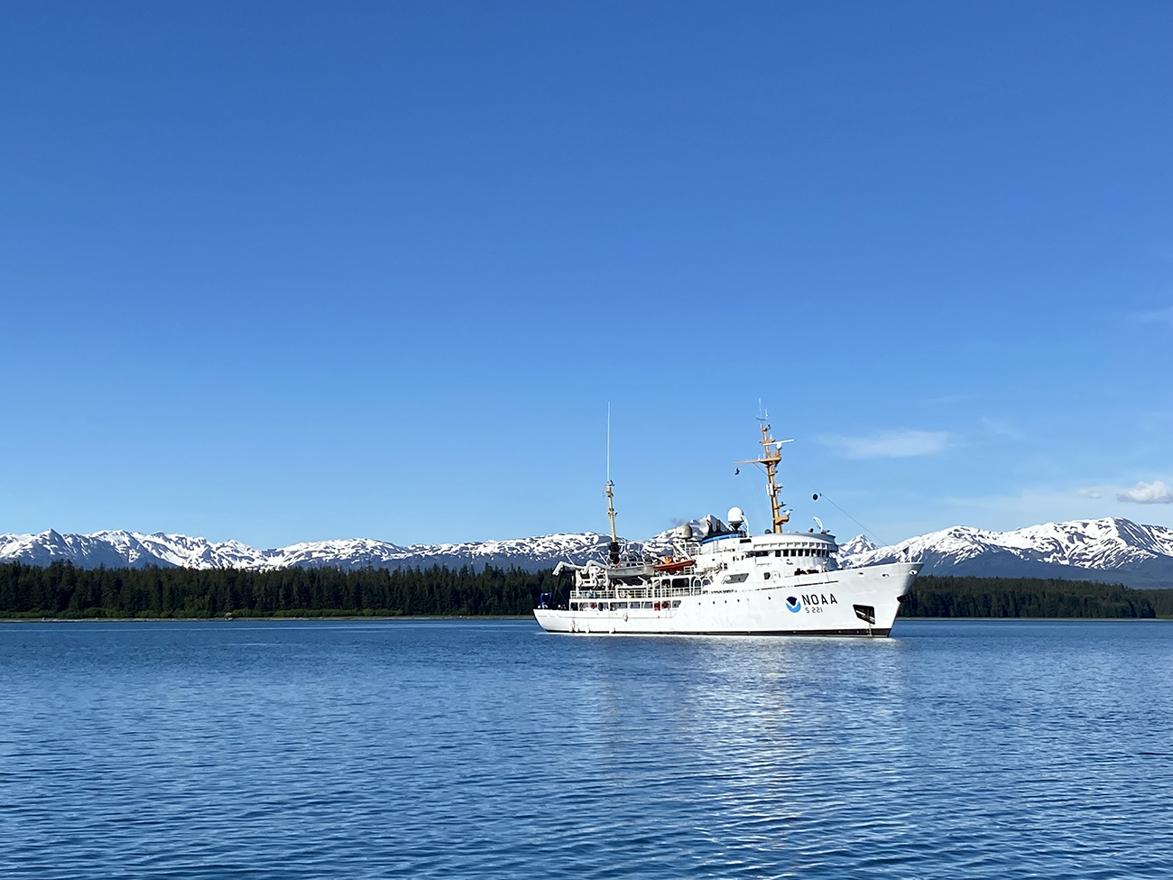 NOAA Ship Rainier at anchor in Bartlett Cove, Glacier Bay National Park.