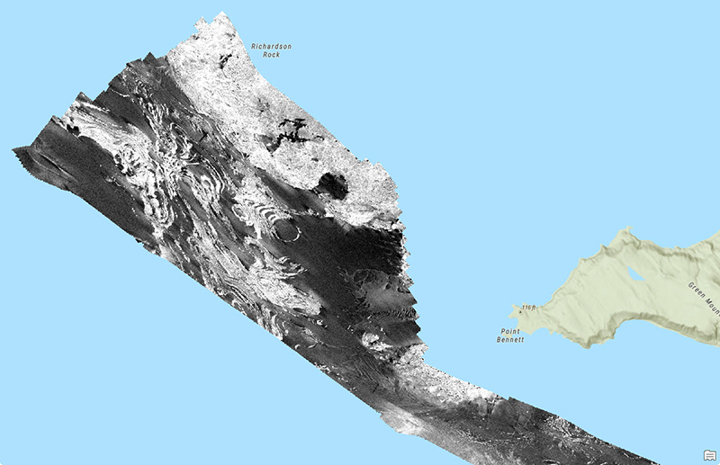 An image of backscatter data showing interesting folds along the seafloor.