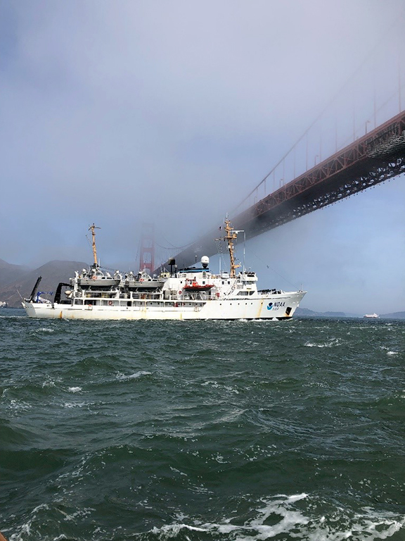 Image showing NOAA Ship Fairweather in transit under the Golden Gate Bridge as the fog lifts.