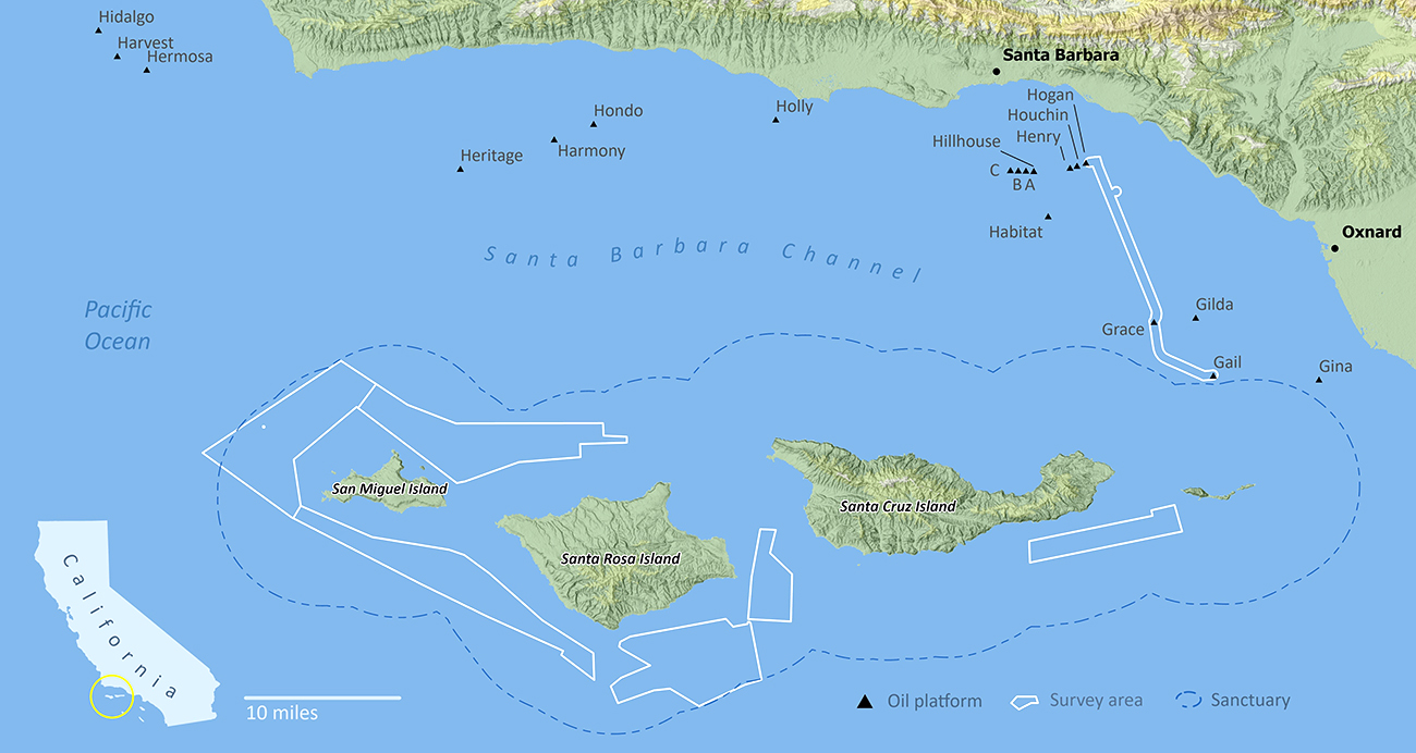 Image showing Channel Islands National Marine Sanctuary, oil platforms, and the sheets covering the project area.