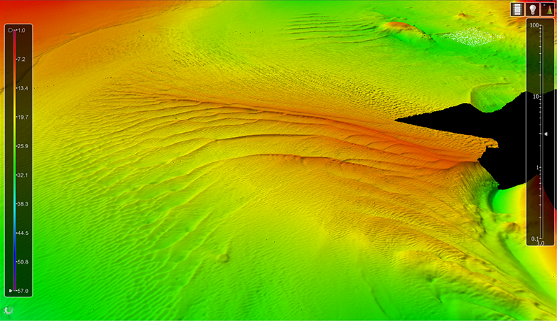 Image displaying sand waves captured in multibeam bathymetry south of Alcatraz Island.