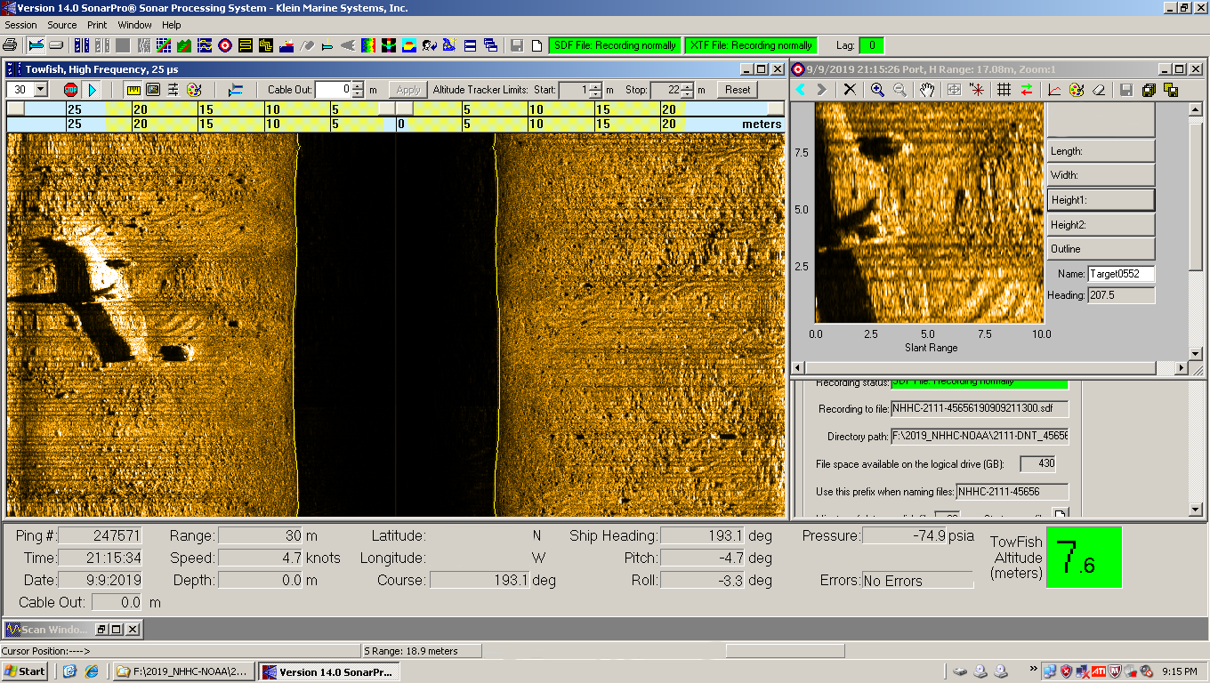 A screenshot of the side scan sonar coverage on the confirmed Avenger site.